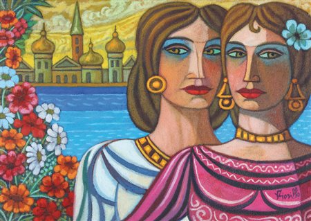 RENATO FIORILLO Napoli 1923 - 2000 Figure con fiori e paesaggio olio su tela...