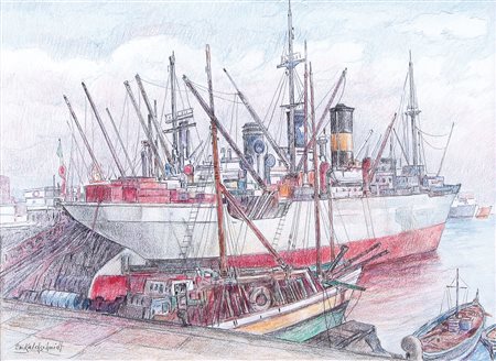 EMILIO KALCHSCHMIDT Intra (No) 1902 - 1983 Nel porto di Genova pastelli su...