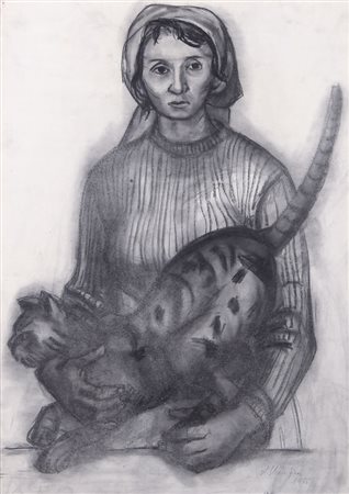 ALFREDO MANTICA Milano 1903 - 1996 Donna con gatto, 1955 grafite su carta cm....