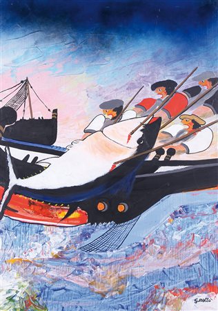 GIANNI MATTÒ Favignana (Tp) Mattanza olio su masonite cm. 70x50, firma in...