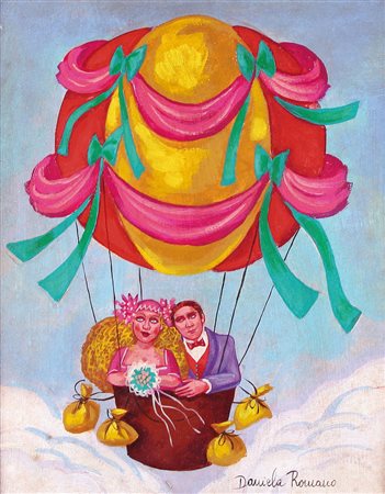 DANIELA ROMANO Napoli 27/11/1947 - Roma 27/06/2009 Sposi in mongolfiera olio...