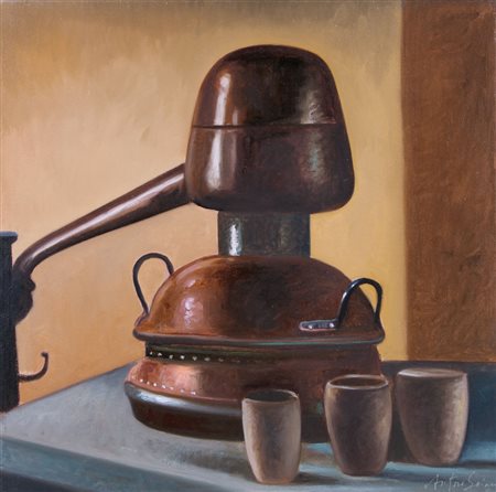 ANTONIO SCIACCA Catania 13/05/1957 Alambicchi olio su tela cm. 60x60, firma...