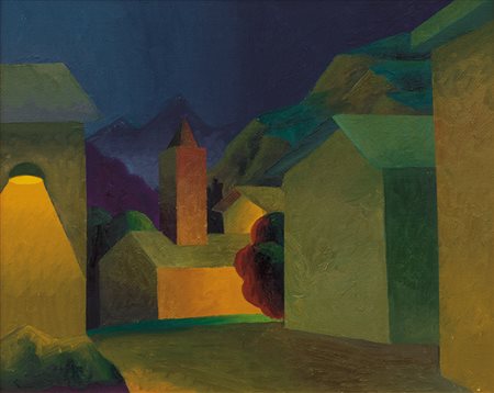 SALVO Leonforte (En) 22/05/1947 Il Villaggio olio su tela cm. 40x50, titolo e...