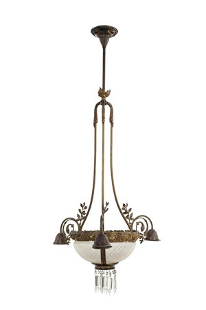 Lampadario in ottone a tre luci, Anni Trenta