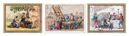 Tre incisioni acquerellate, in cornice