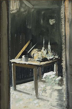 GIANCARLO OSSOLA Milano 1935 Microcosmo domestico 2002 olio su tela, 30x20...