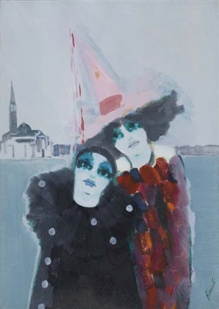 RENATO BORSATO Venezia 1927 Maschere olio su tela, 70x50 firma in basso a...