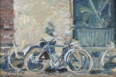 GIANCARLO PERELLI CIPPO Milano 1923 - 2004 Biciclette olio su tavola, 20x30...