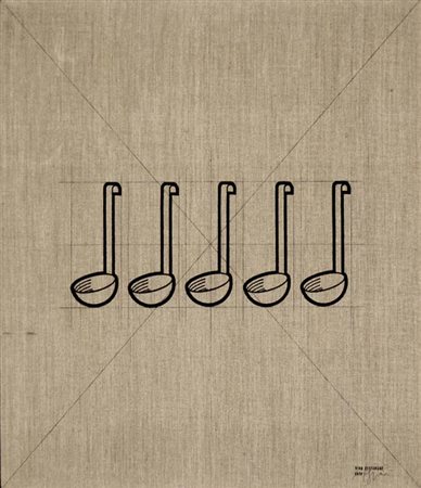 TINO STEFANONI Lecco 1937 I mestoli 1974 acrilici su tela grezza, 70x60 firma...