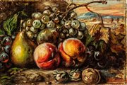 Giorgio de Chirico (Volos 1888-Roma 1978)  - Natura morta con frutta (Frutta con pesche, pere e uva bianca), 1952