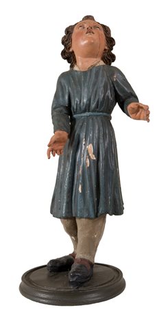 STATUA LIGNEA, fine XIX/inizio XX secolo. Bambino in legno intagliato e...