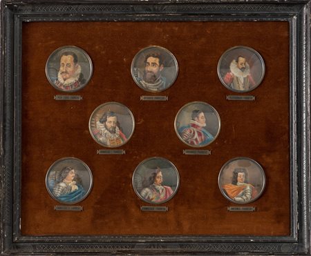 DINASTIA FARNESE. Quadretto con otto miniature della dinastia Farnese...