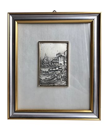 PICCOLO QUADRO DECORATIVO, XX secolo. Realizzato in lamina d’argento....