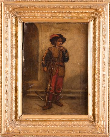 Maestro del XIX sec. « Arciere ». Olio su tela, traccia di firma in basso a...