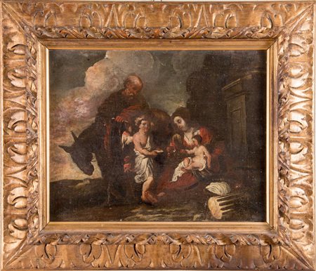 Maestro genovese del XVII sec. « Fuga in Egitto ». Olio su tela. H cm 37x49.