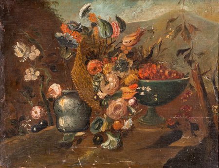 Maestro nei modi del XVIII sec. « Natura morta ». Olio su tela. H cm 53x70.