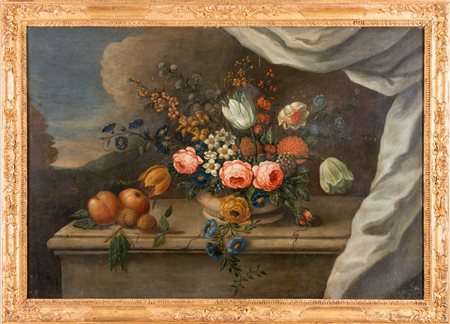 Artista anonimo, XIX sec. « Natura morta ». Olio su tela. H cm 76x110.