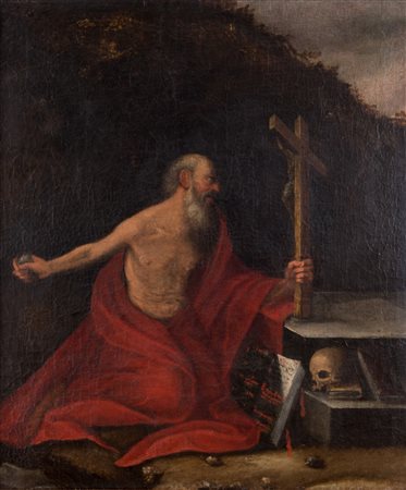 PITTORE LOMBARDO, XVII secolo. "San Girolamo", olio su tela. Cm 82x72.