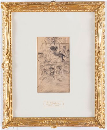 Giovanni Boldini (Ferrara 1842 - Parigi 1931), “Signora seduta in panchina che cuce”, Nizza