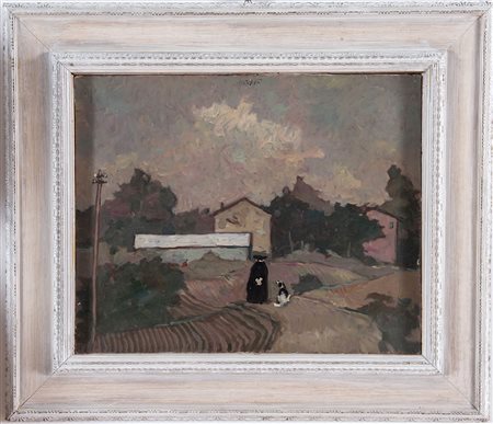 Nino Caffè (Alfedena 1908 - Pesaro 1975), “Prete e cagnolino”.