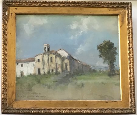 Antonio Cannata "Chiesa di Predappio" tecnica mista su carta (cm 46 x 55) Firmat