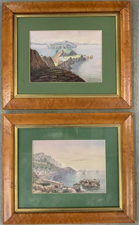 Firma indecifrata "Paesaggi con scogliere" Coppia di dipinti ad olio su cartonc