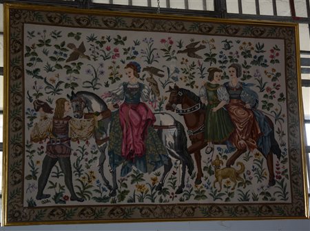 Ricamo a piccolo punto in lana, Italia, secolo XX.
Raffigurante dame e cavalier