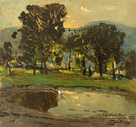 Lodovico Cavaleri "Paesaggio lacustre" 1930
olio su cartone pressato (cm 20x20,5
