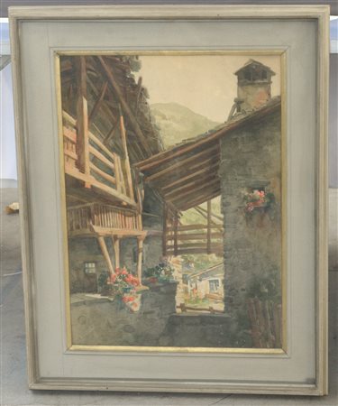 Aldo Avati "Vecchi casolari" Brusson Valle d'Aosta agosto 1949, acquerello su ca