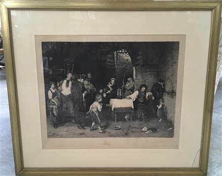 Stampa del secolo XIX raffigurante scena d'interno dedicata in basso a destra,