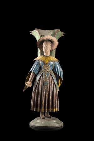 Arte del secolo XVIII. Fioriera in latta e legno decorata in policromia a forma