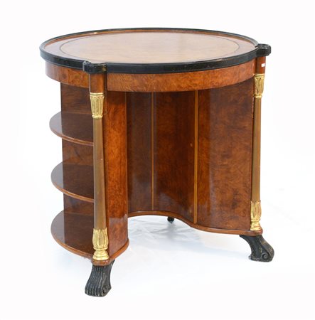 Scrittoio-etagere interamente lastronato in radica, piano tondo e ripiani semic