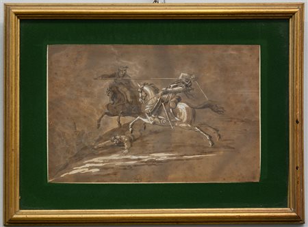 Scuola piemontese del XIX Secolo "Scena di battaglia" disegno ad acquarello e b