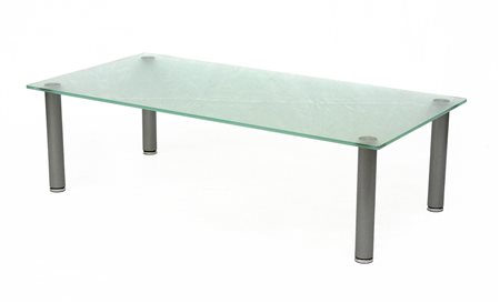 Tavolino da salotto con piano in vetro satinato e struttura in metallo argentat