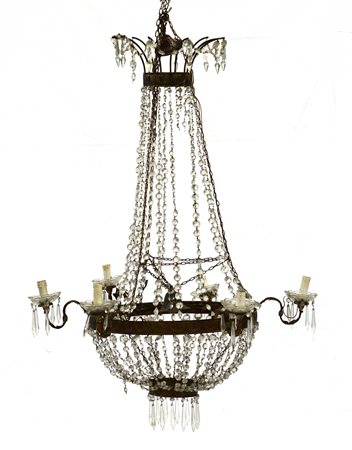 Lampadario a cesto in stile impero a sette luci decorato con pendagli (cm 110)