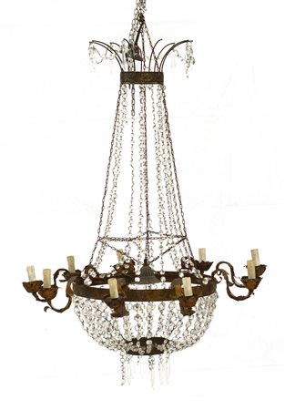 Lampadario a cesto in stile impero a nove luci decorato con pendagli (cm 110) (