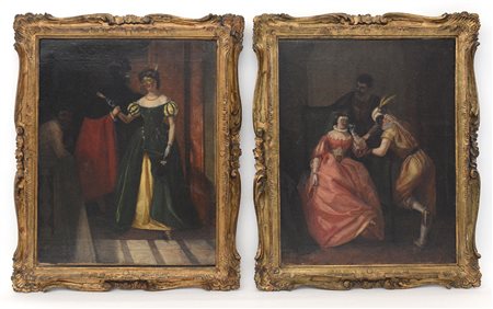 Scuola veneta "Figure in maschera" coppia di antichi dipinti ad olio su tela (c