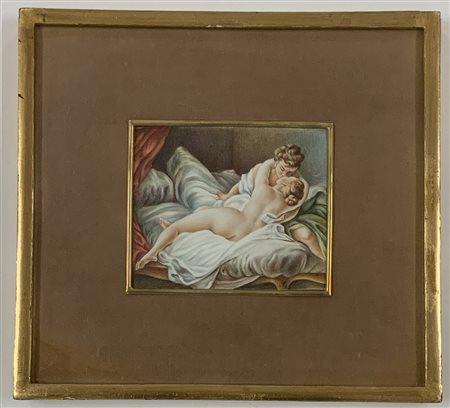 Ignoto, "Il bacio", piccolo dipinto su avoriolina (cm 11x13) in cornice (lievi