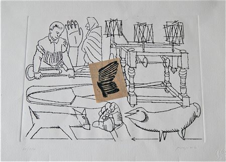 Concetto Pozzati SENZA TITOLO incisione e collage, cm 25x34,5 su foglio 35x50...