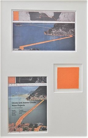 Christo THE FLOATING PIERS collage di tessuto originale e cartoline, cm 70x30...