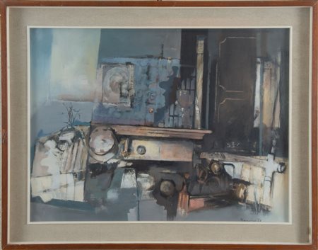 LUIGI TIMONCINI (Faenza 1928). “Interno”, 1965. Olio su tela. Cm 60x80. Opera...