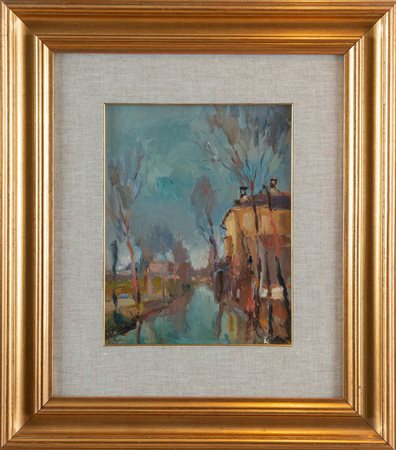 UMBERTO SGARZI (Bologna 1921 – 2017). “Scorcio”. Olio su tavola. Cm 27x21....