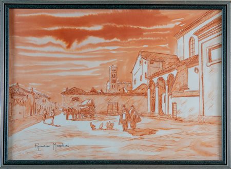 ROMANO MUSSOLINI (1927-2006). “Scorcio”. Tecnica mista su carta. Cm 50x70....