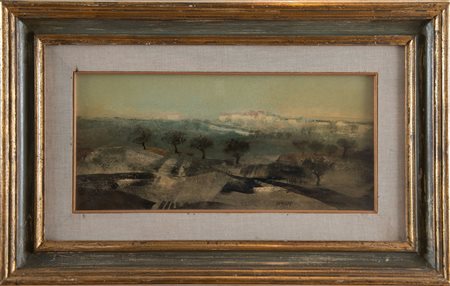 MANLIO BACOSI (Perugia 1921 – 1998). “Paesaggio”. Olio su cartone. Cm 21x47....