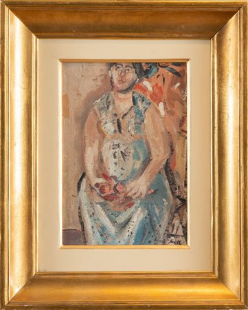 BRUNO SAETTI (Bologna 1902 – 1984). “Figura”, anni ’40. Olio su cartone. Cm...