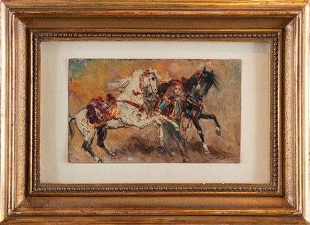 FABIO FABBI (Bologna 1861 – Casalecchio di Reno 1946). “Cavalli arabi”. Olio...