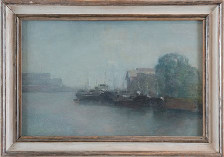 NORMA MASCELLANI (Bologna 1909 – 2009). “Porto Marghera”. Olio su faesite. Cm...