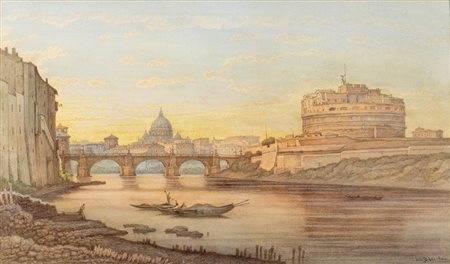 JULIUS ZIELCKE<br>Danzica, 1826 - Roma, 1907 - Veduta di Castel Sant’Angelo e San Pietro