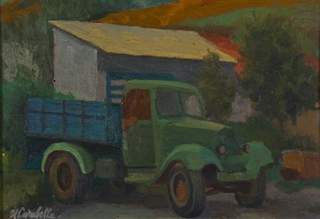 UMBERTO CARABELLA<br>Paliano di Frosinone, 1912 - 1956 - Paesaggio con furgone