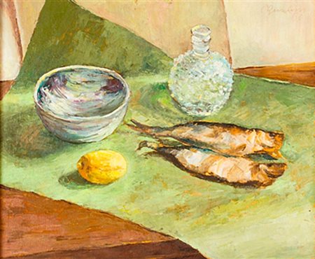 CESARINA GUALINO<br>Casale Monferrato, 1890 - Roma, 1992 - Natura morta con pesci e limoni, 1960